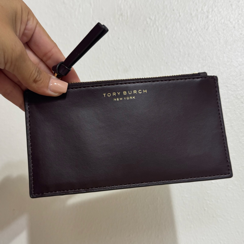 Tory Burch Chocolate Brown Leather Zip Card Wallet